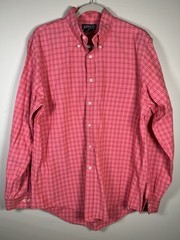 Lands’ End Men’s Coral Pink Plaid Long Sleeve Button Size 16 34/35 Wrinkle Free