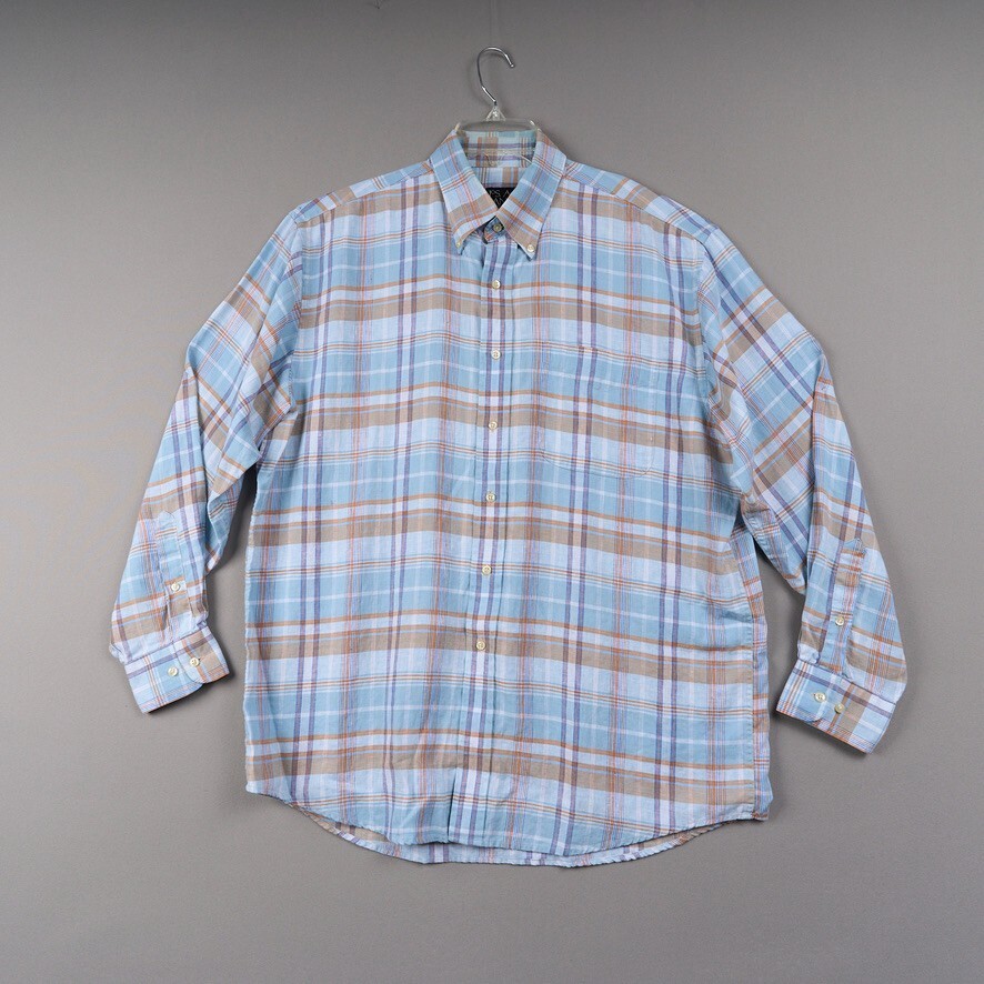 Jos. A. Bank Linen Shirt Mens L Blue Plaid Button Down