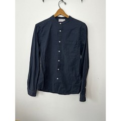 ASOS DESIGN Mens Navy Blue Band Collar Long Sleeve Button Down Shirt M