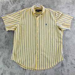 Ralph Lauren Classic Fit Short Sleeve Shirt Mens XL Yellow Stripe Blue Pony