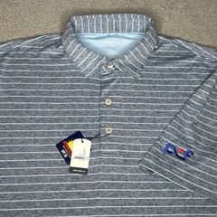 Johnnie-O Polo Shirt Men XL Newton Lake Blue Stripe Golf PCF Logo Stretch UPF 50