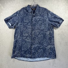 Tasso Elba Shirt Mens Large Blue Paisley Short Sleeve Button Up Silk Blend Camp