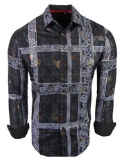 Mens Shirt Italian Stripe Floral Prints Gold Overlay Stretch Slim Fit Button Up