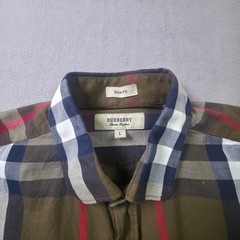 Burberry London Shirt Mens Large Slim Fit Taupe Brown Plaid Red Equestrian Logo