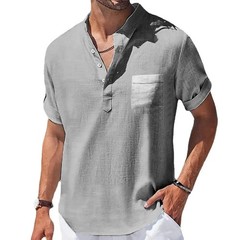 Men’s Solid Color Linen Short Sleeve Shirt Stand Collar T-shirt Tee Summer Gift