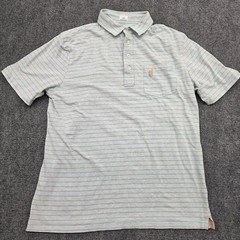 Johnnie-O Mens Hangin Out Polo Shirt Medium Blue Orange Striped Short Sleeve M