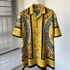 Button Down Shirt Men Casual Fashion Baroque Printed Short Sleeve Shirt Mens Top
