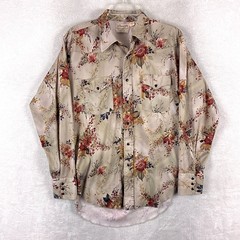 VTG Wrangler Western Shirt Men L Beige Pink Floral Pearl Snap Long Tails 80s USA