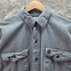 Big Bill Work Shirt Mens Blue White Stripe Button Up Made In USA Cotton Large T