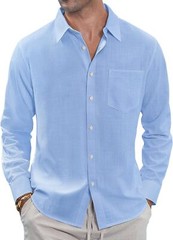 Men’s Linen Shirt Casual Long Sleeve Button Down Summer Beach Pocket