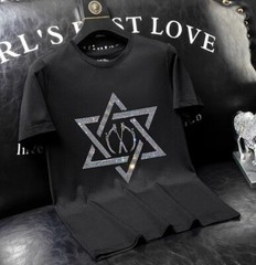 New Men Luxury Star Of Magen David Rhinestones Fashion Diamonds Black T-Shirt