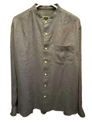 Eddie Bauer Men’s L Blue Solid 100% Linen Woven Band Collar Button-Up Pockets