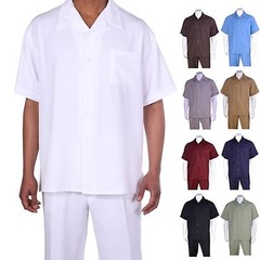 Men’s 2pc Walking Suit Short Sleeve Casual Shirt & Pants Set Solid color 2954