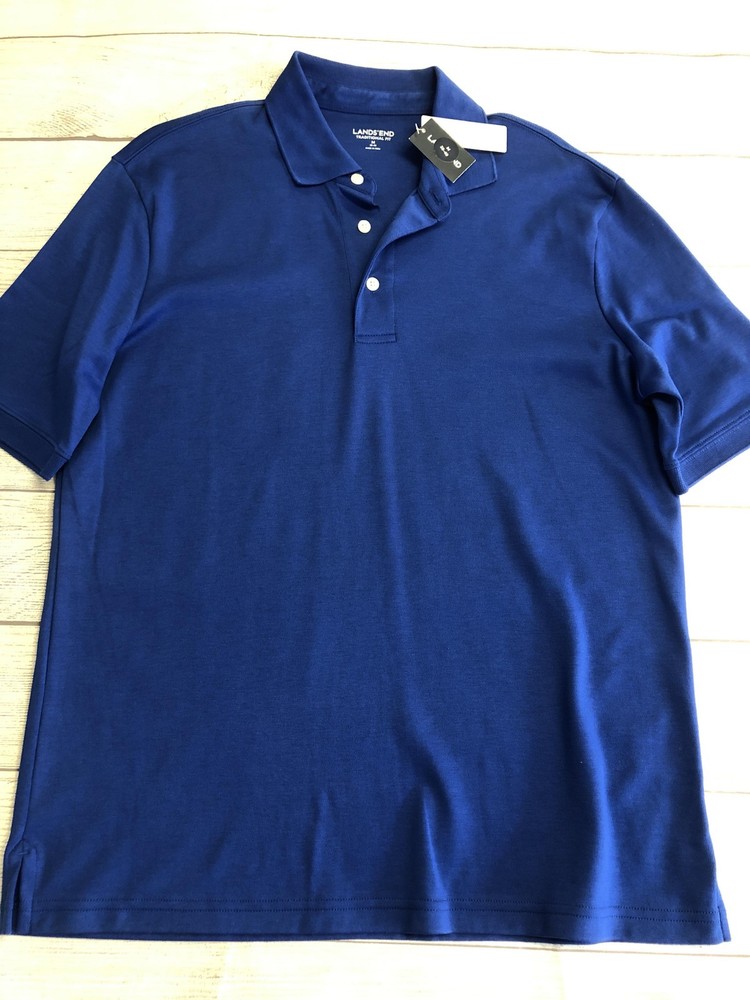 Lands’ End Polo Shirt Mens Medium Blue Solid 100% Supima Cotton Knit Casual Top