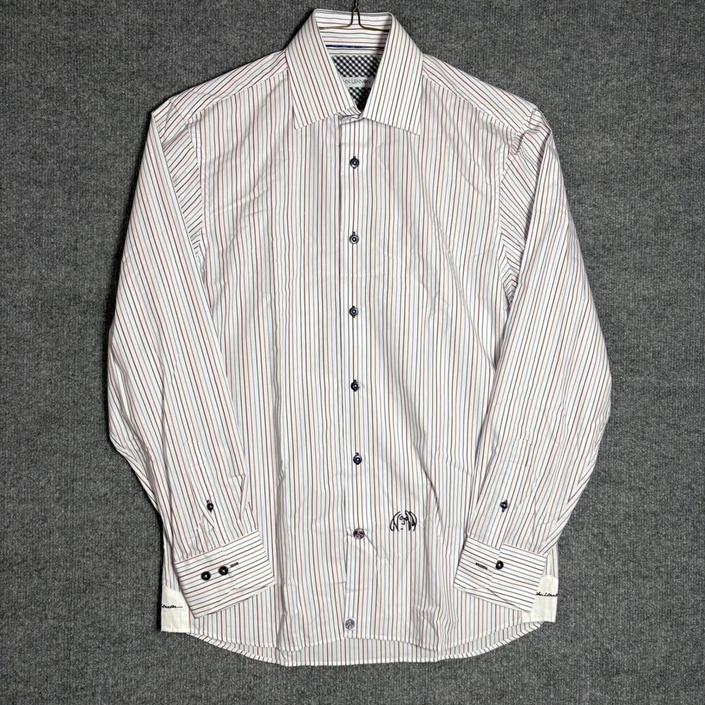 JOHN LENNON Mens Striped Button Down Shirt Size M 15.5 16 Embroidered Face