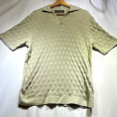 Free Planet Men’s Beige Geometric Knit Polo Shirt L Short Sleeve Cotton Viscose