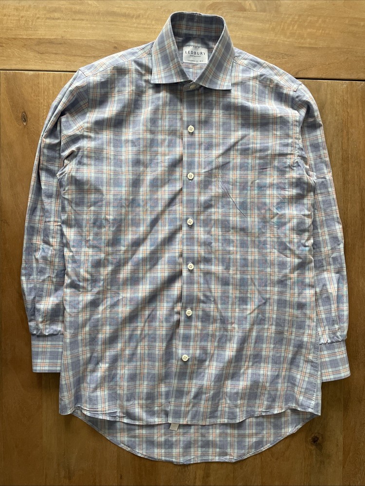 Ledbury Tailored Dress Shirt Mens 15 Small Plaid Barrel Cuff Button Long Sleeve