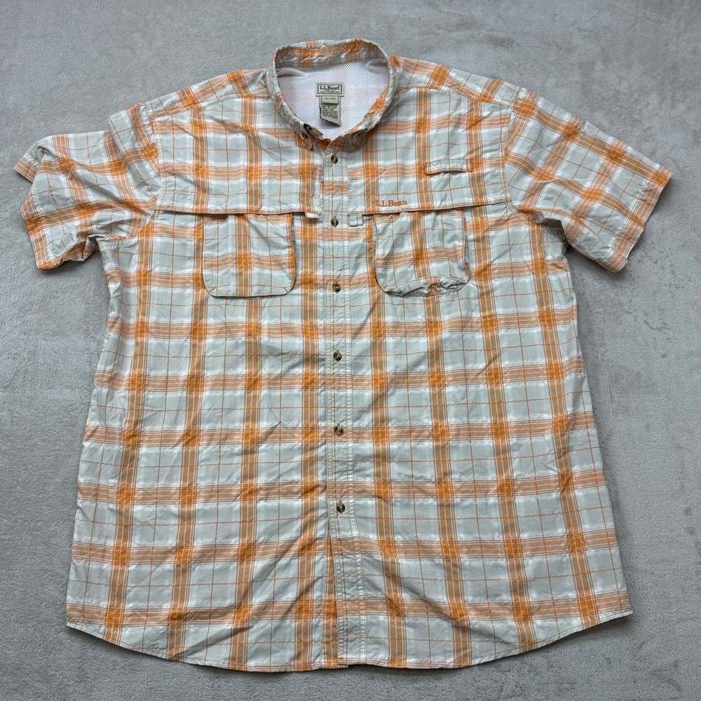 LL Bean Fishing Shirt Mens XXL Tall Orange Plaid Vented Short Sleeve Stretch