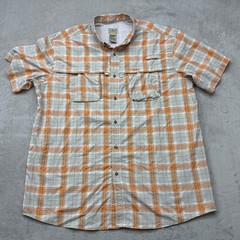 LL Bean Fishing Shirt Mens XXL Tall Orange Plaid Vented Short Sleeve Stretch