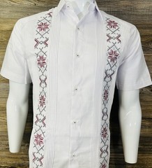 Mens Mexican Guayabera Shirt White Short Sleeve Red Wine Embroidery Cotton