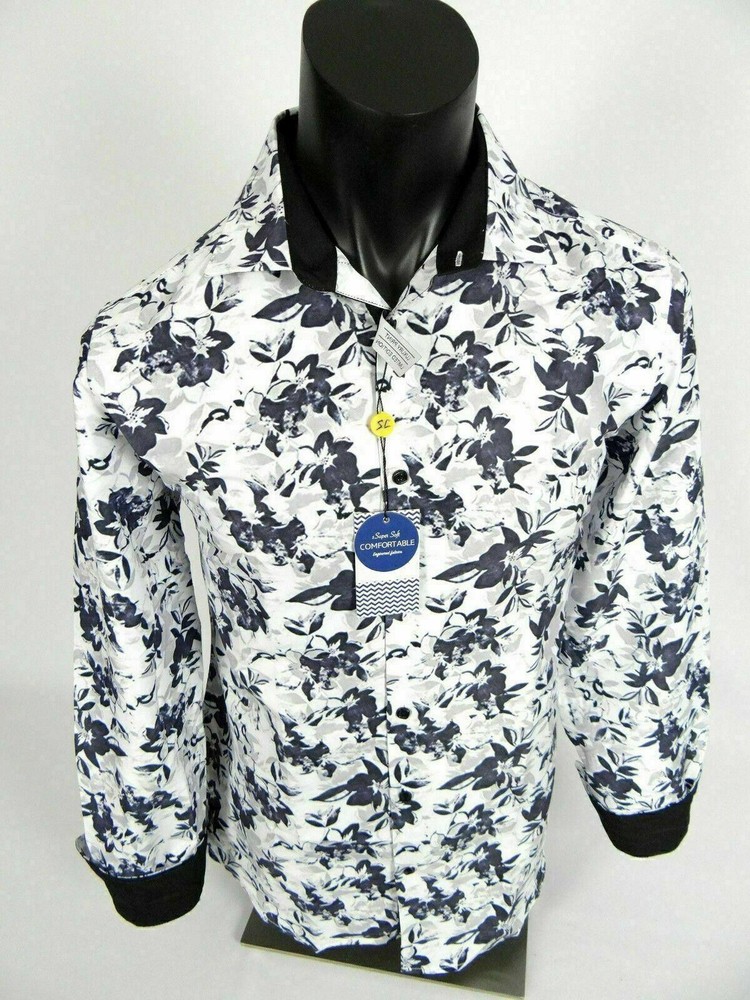 Mens Suslo Couture Shirt White Black Floral Prints Slim Fit Button Front