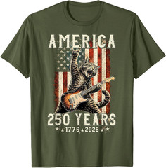Retro Cat Playing Guitar Rock Star 250 Years for Men Women T-Shirt