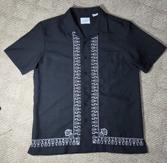 Irvine Park Men’s Black Guayabera Cuban Camp Shirt White Embroidery Short Sleeve