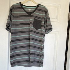 Carbon Men’s Gray/Black/Aqua Striped V-Neck Pocket Short Sleeve T-Shirt Size L