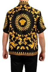 Versace Men’s Signature Print Black & Gold Short Sleeve Shirt US L IT 52