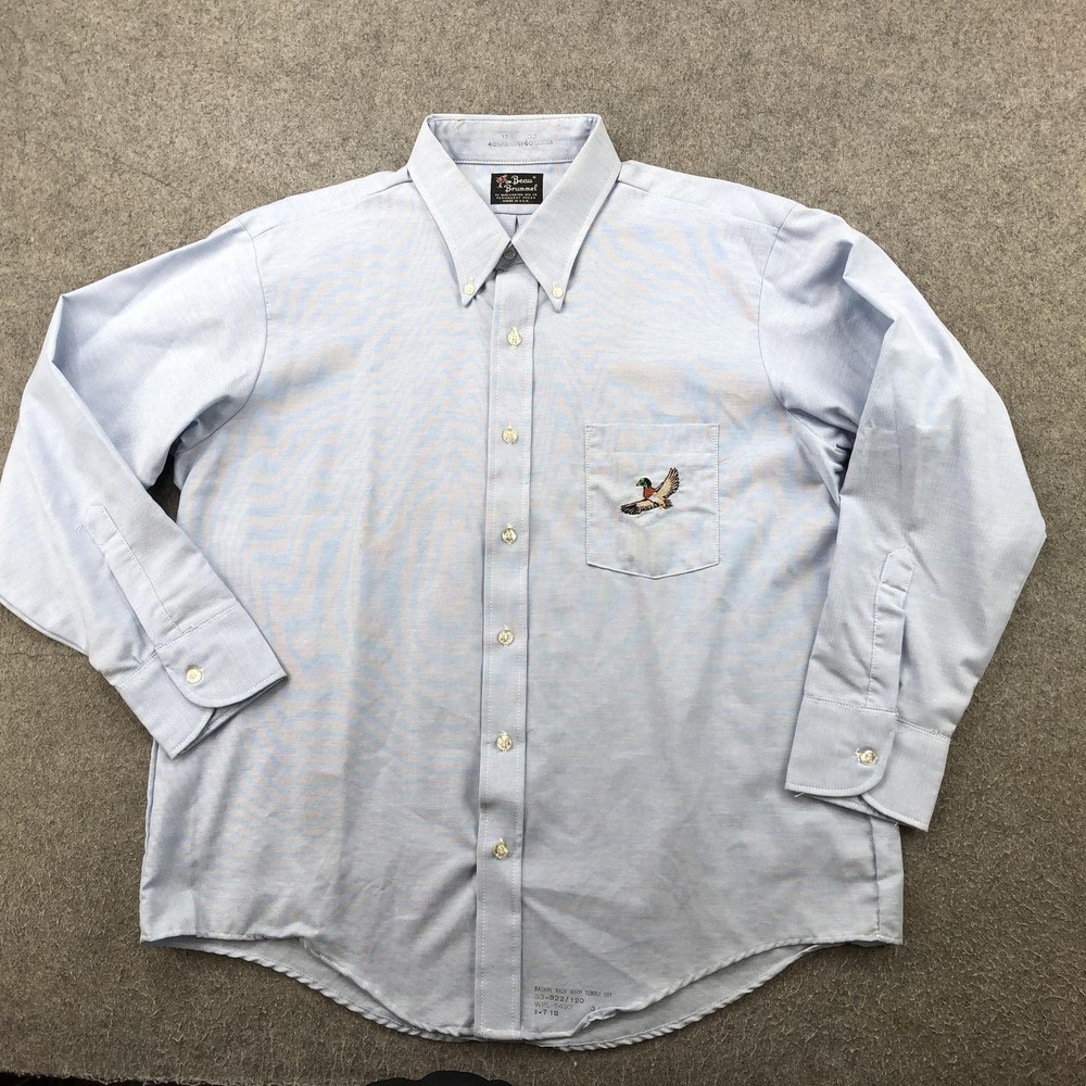 Vintage Beau Brummel Shirt Mens XL 17 33 Blue Button Oxford Mallard Made USA
