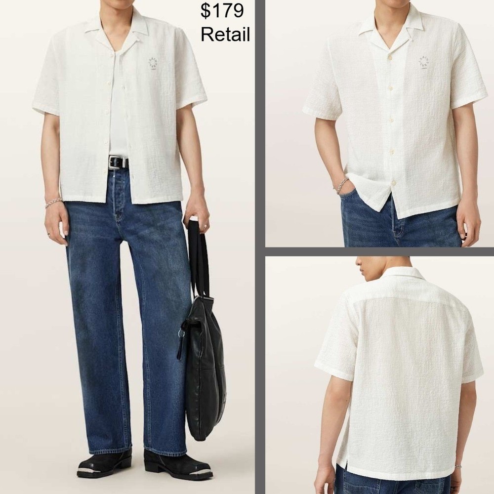 ALLSAINTS Admon Short Sleeve Crepe Shirt XXL Organic Cotton White Camp Relaxed