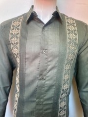 Mens Mexican Guayabera Dress Shirt Long Sleeve Olive Green Fabric Handcrafted