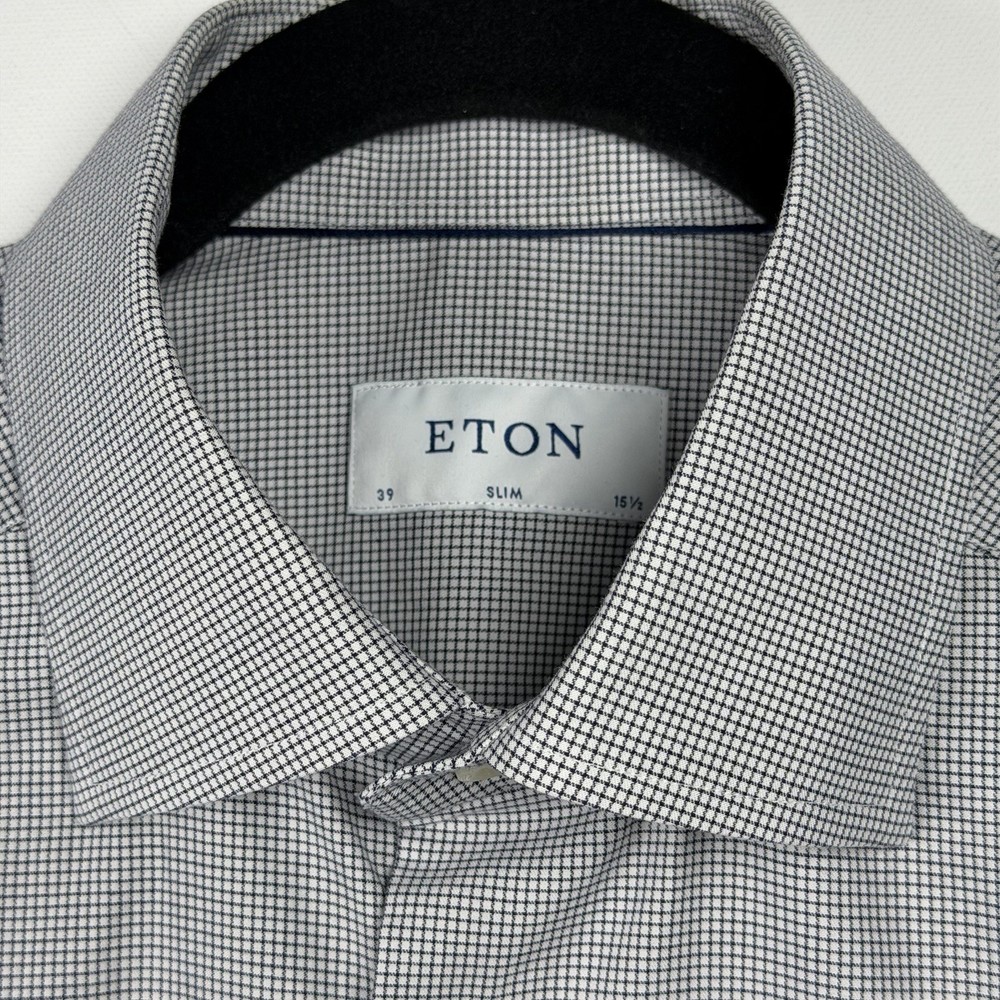 ETON Men Dress Shirt 15.5 Slim Fit Twill Cotton Micro Check Patterned Navy White