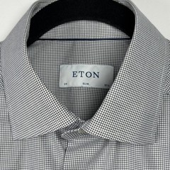 ETON Men Dress Shirt 15.5 Slim Fit Twill Cotton Micro Check Patterned Navy White