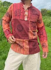 Handmade Multicoloured Cotton Patchwork Over dyed Stonewash Festival Shirt