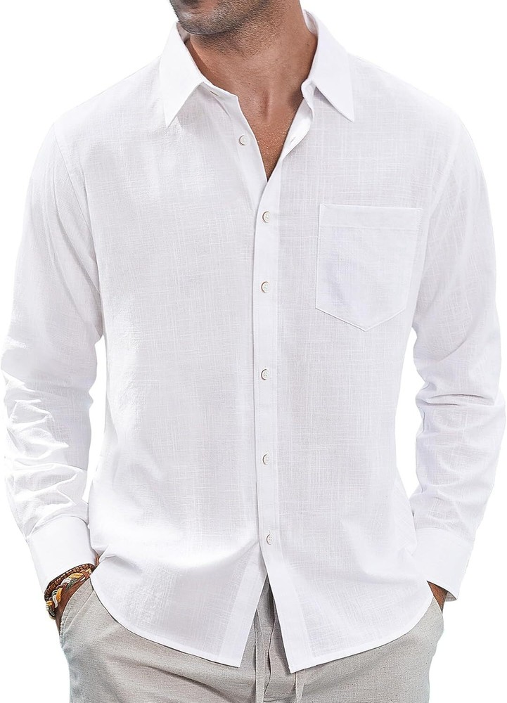 Men’s Linen Shirt Casual Long Sleeve Button Down Summer Beach Pocket