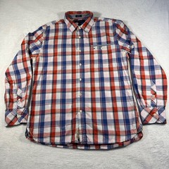 Tommy Hilfiger Button Down Shirt Mens L Red Blue White Plaid Custom Fit Pocket