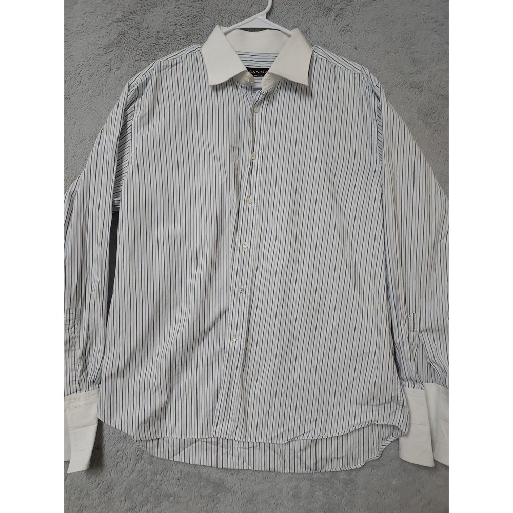 Canali Shirt Mens 17.5 44 Striped Contrast Collar French Cuff Blue White READ