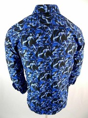 Men Premier Shirt Black Blue Italian Lux Floral Patterns Slim Fit Button Front