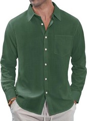 Men’s Linen Shirt Casual Long Sleeve Button Down Summer Beach Pocket