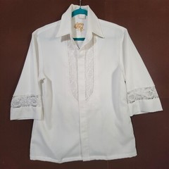 Vintage Iolani Beau Tiki White Hawaiian Wedding Shirt 100% Polyester Lace Size L