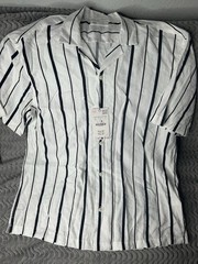 ZARA Cotton Woven White Blue Striped Point Collar Button-Up Shirt Size L