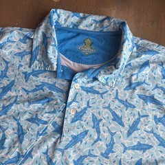 Chubbies Performance Polo Shirt Shark Fish Print Men’s Size Large Beach Tropical