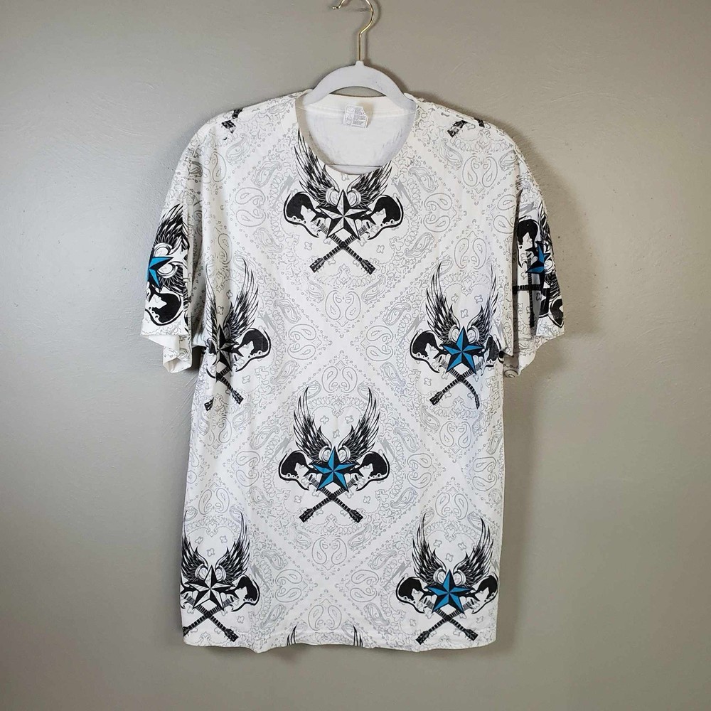 Y2K Rock N Roll Guitar AOP T Shirt Stars Double Sided Mens Large L