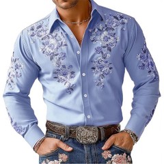 Retro Floral Print Long Sleeve Shirt for Men Stretch Polyester Spandex Casual
