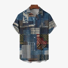 Vintage Denim Print Casual Oversized Short Sleeve Shirt 240700207