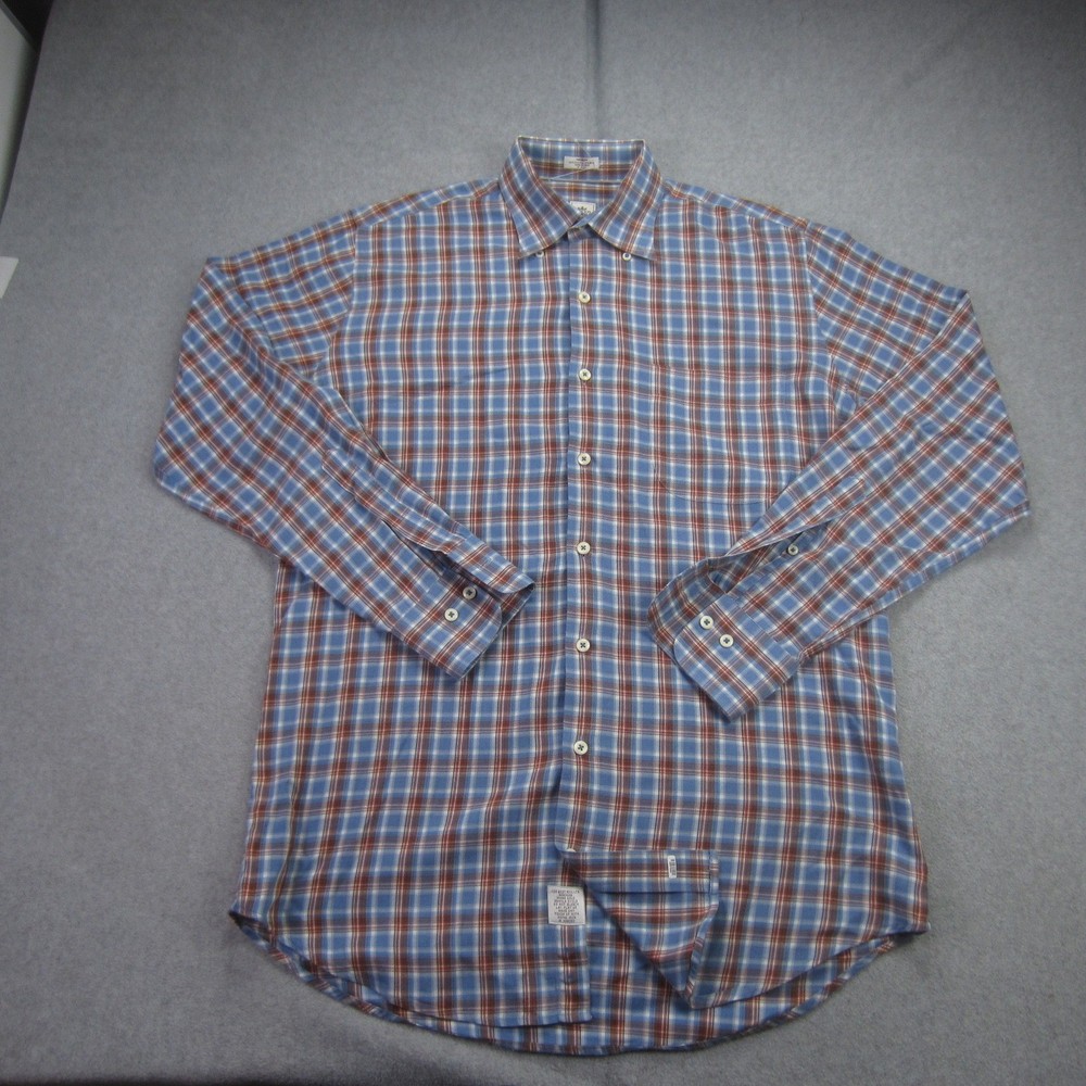Peter Millar Shirt Mens Medium Blue Plaid Cotton Wool Blend Button Down