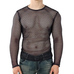 Men Net Blouse Long Sleeve Mesh Shirt Mens Casual Crew Neck Muscle Top Fishnet