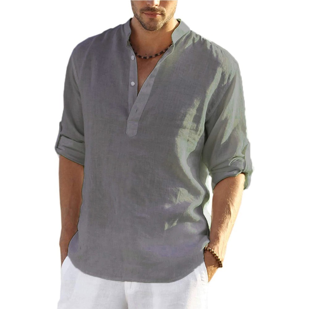 Men’s Cotton Linen Henley Shirt Summer Casual Beach Hawaiian Style Vacation Wear