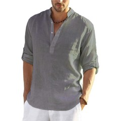 Men’s Cotton Linen Henley Shirt Summer Casual Beach Hawaiian Style Vacation Wear